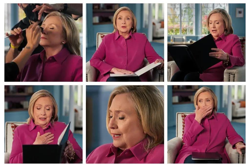 ↑为了“卖课”,希拉里在预告中朗读了自己为2016年总统大选准备的获胜演讲,还一度哽咽落泪。